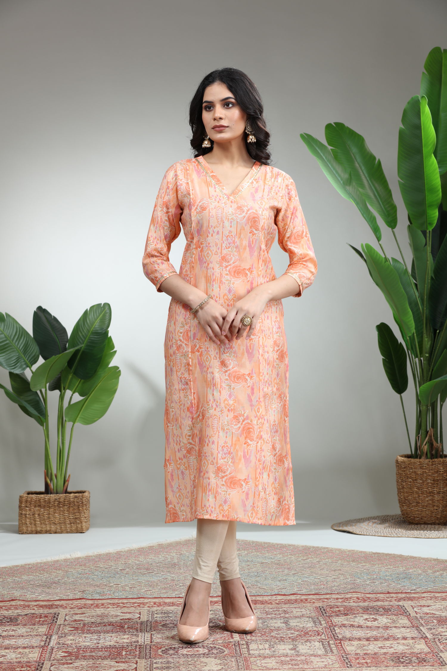 Orange Printed Straight Kurti